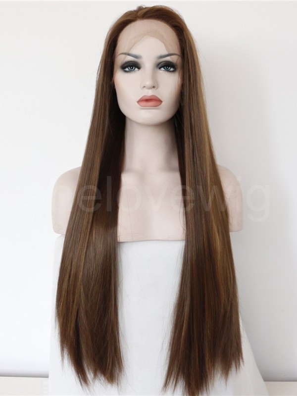 Silk Straight Synthetic Lace Wig Brown Highlight Hair