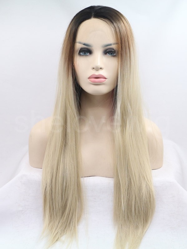 Silk Straight Lace Front Wig Synthetic Hair Black Ash Blonde Ombre