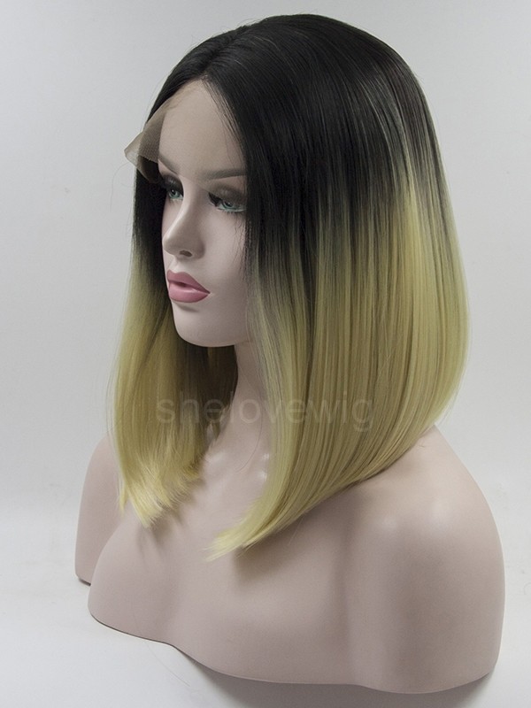 Bob Haircut Black Root with Blonde Artificial Lace Front Wig