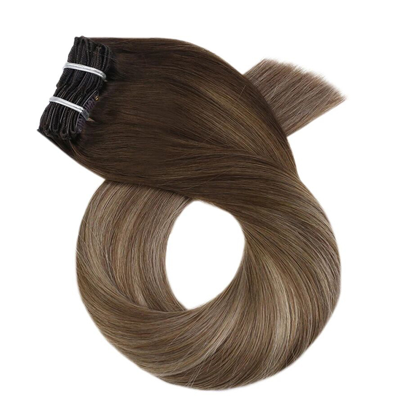 Ombre Brown Clips in Hair Extensions Virgin Human Hair Ombre Highlight Clips in