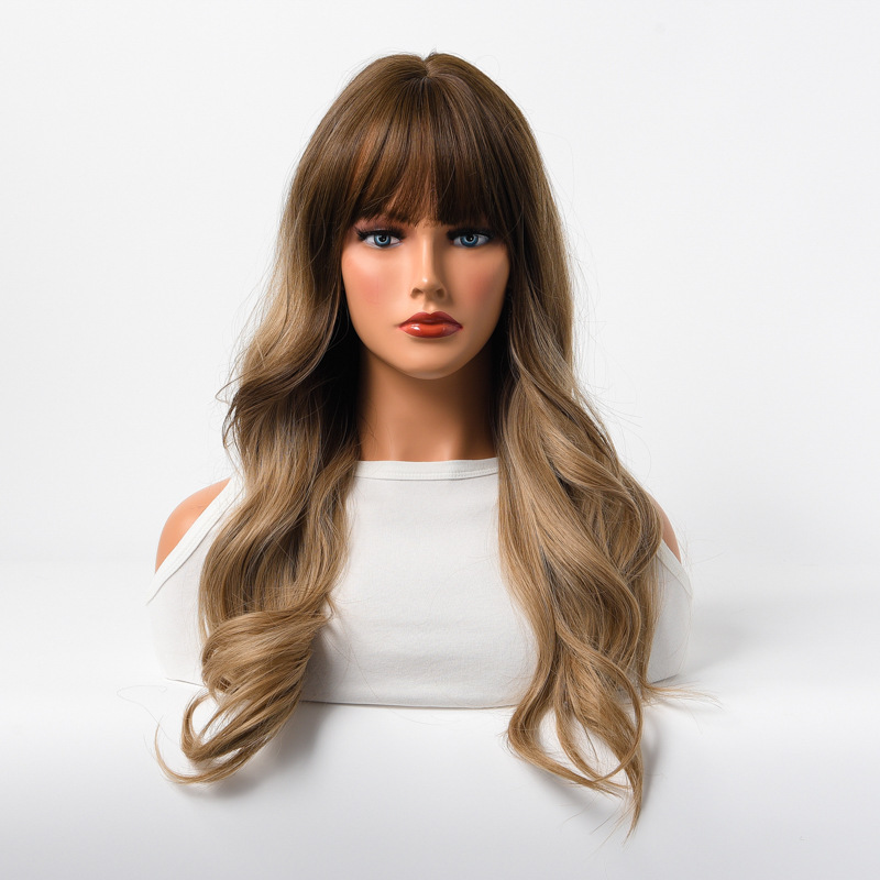 Ombre Brown with Dark Blonde Synthetic Wigs Machine Made with Bangs