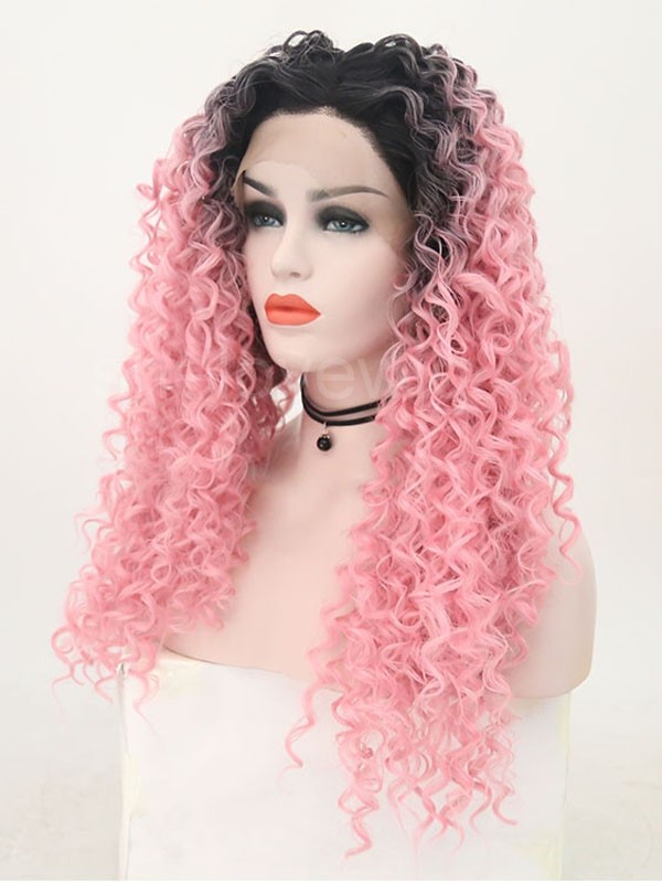 Three Ombre Synthetic Hair Lace Front Wig Wave Black Pink White