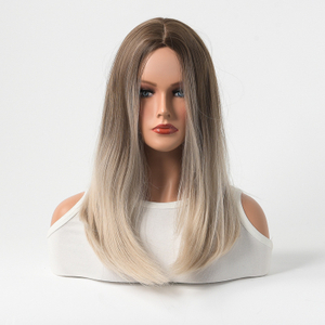 Ombre Light Blonde Synthetic Wigs Machine Made Medium Length