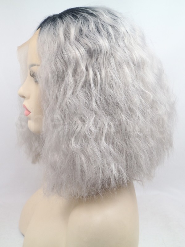 Natural Curl Black Grey Synthetic Lace Front Wig Short Length