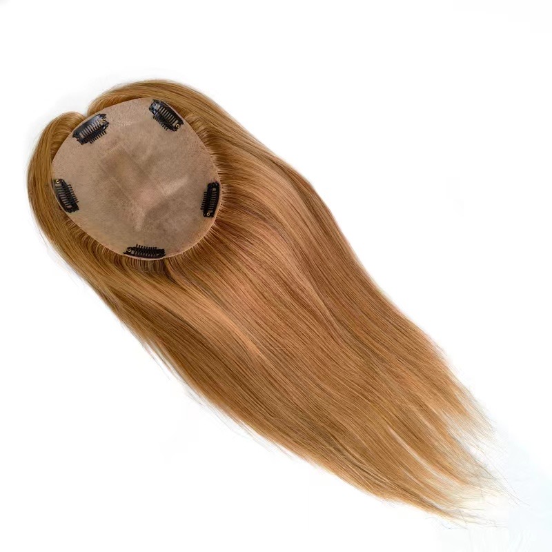 Natural Straight Blonde Color Women Hair Topper with Clips Middle Silk Top with Thin Skin
