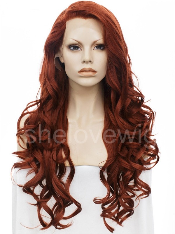 Brown Red Synthetic Lace Front Wig Long Wavy Hair
