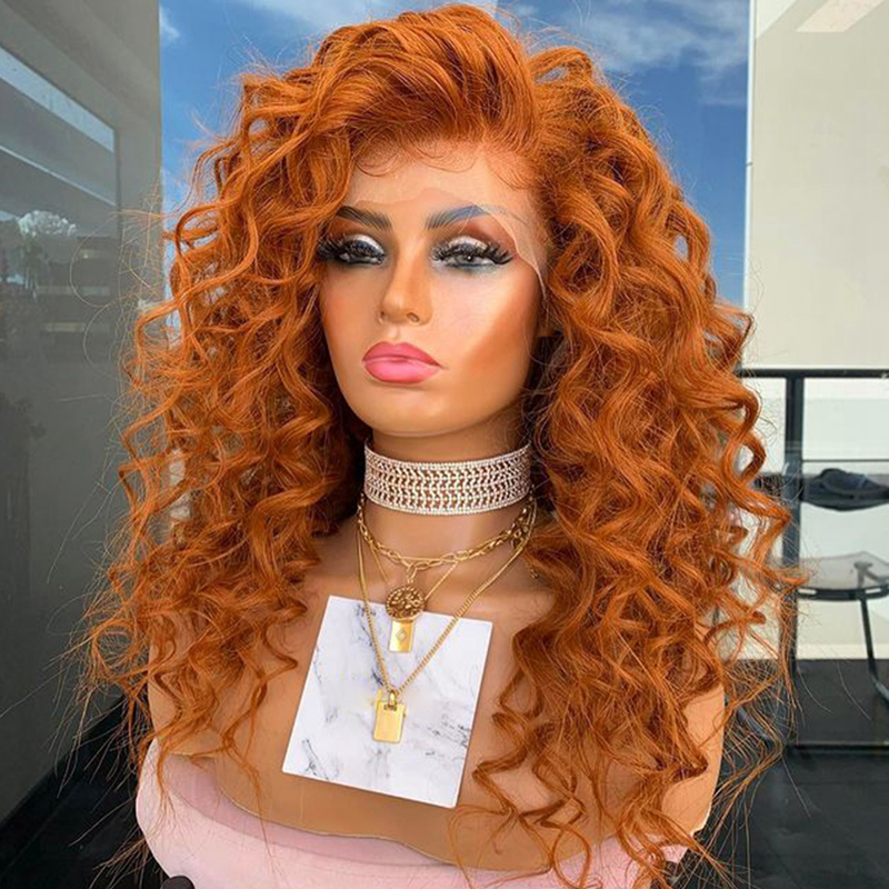 Ginger Yellow Color Virgin Hair Full Lace Wigs Curl Hair Human Hair Lace Wig for White Women