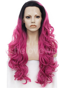 Black with Dark Pink Wavy Synthetic Lace Front Wigs