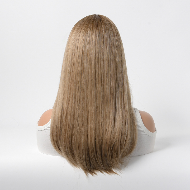 Milk Brown Syanthetic Wig Machine Made Natural Looking with Bangs