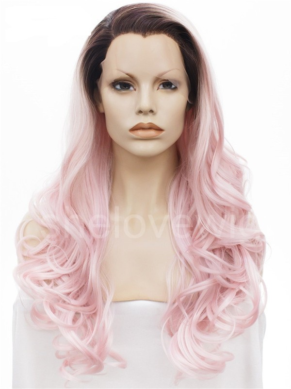 Black Root Light Pink Synthetic Lace Front Wig