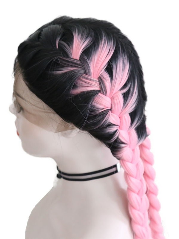 Black Gray Pink Synthetic Lace Front Wig Wave