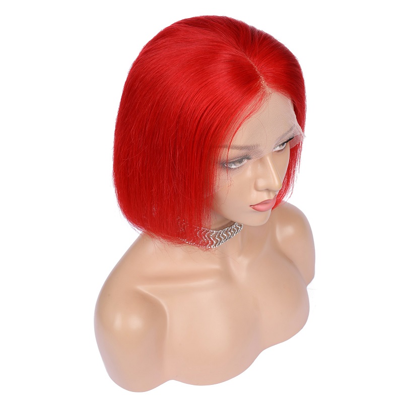 Short Length Human Hair Lace Front Wig Red Color Bob Haircut